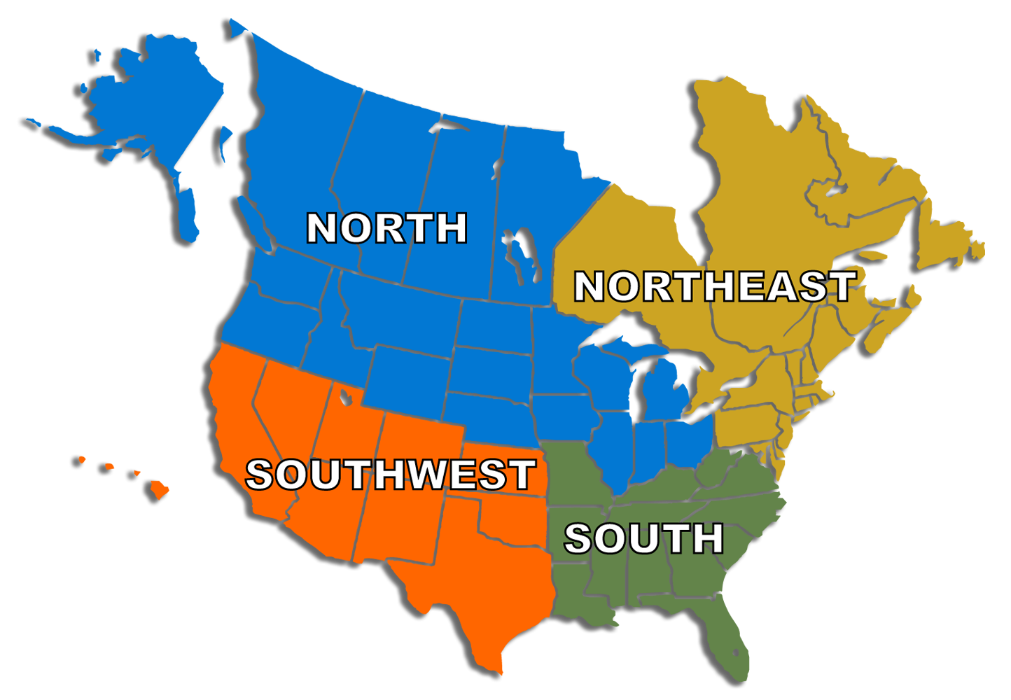 Map of the United States and Parts of Canada with Shadow